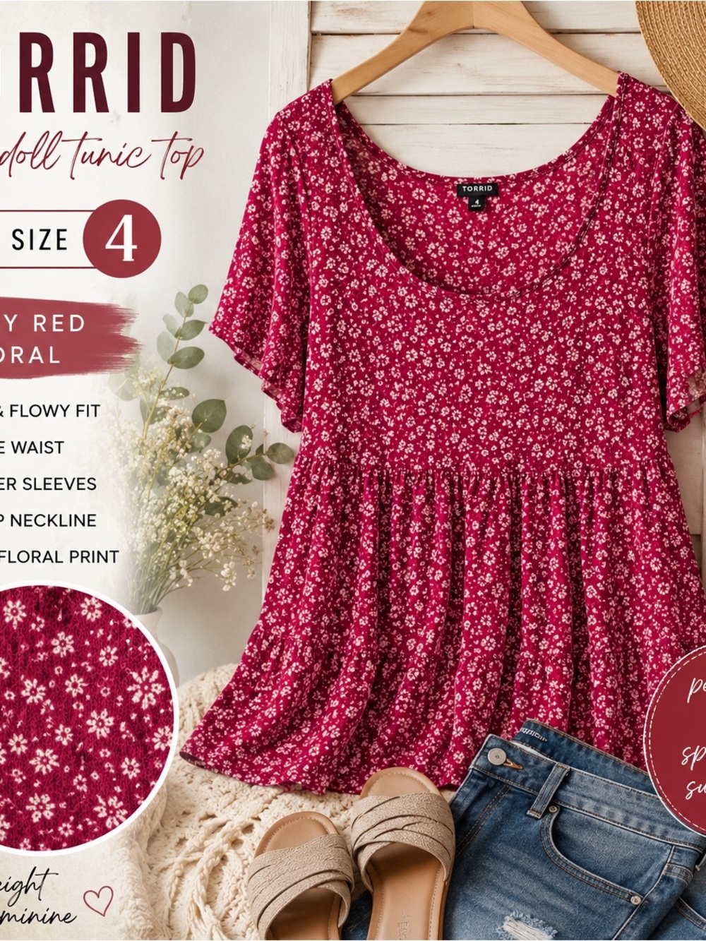 Torrid Size 4 Red Floral Babydoll Tunic Top Plus Size Boho